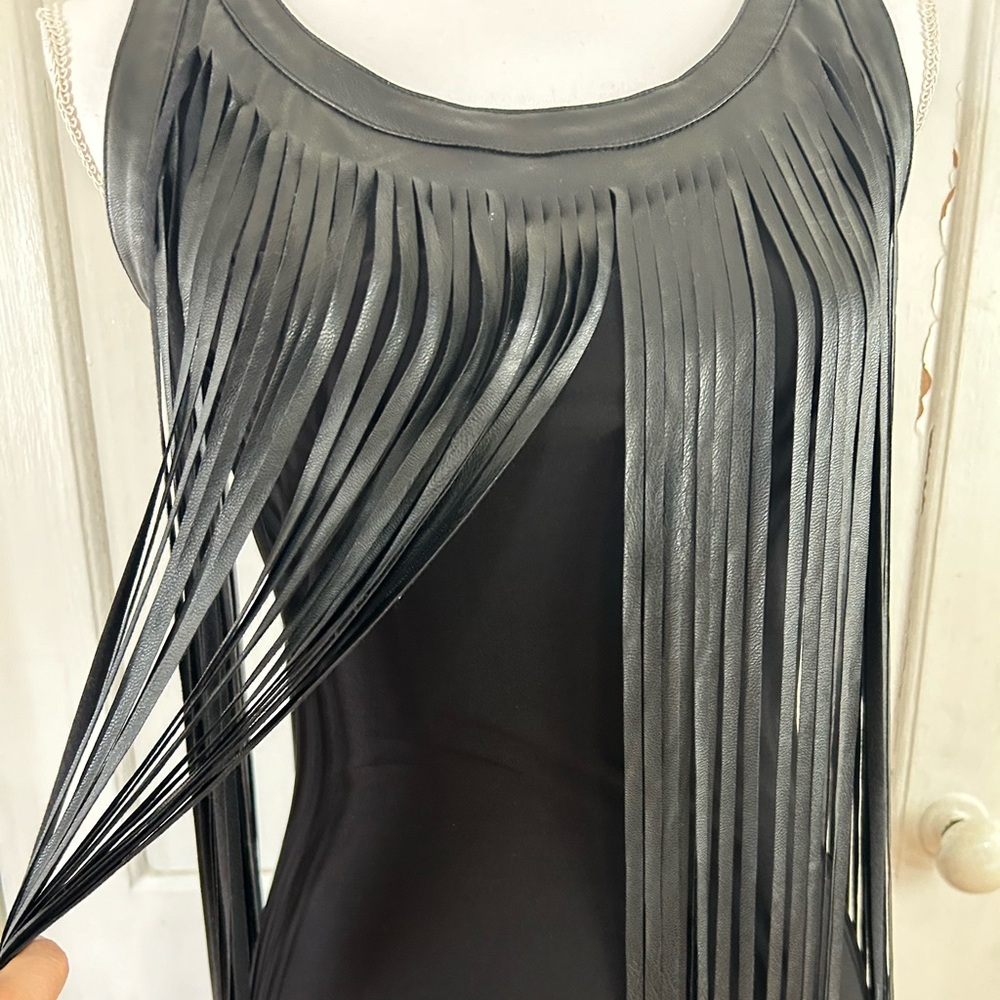 Symphony Bodycon Dress with Faux Leather Fringe Overlay Black size Small EUC - Picture 5 of 7